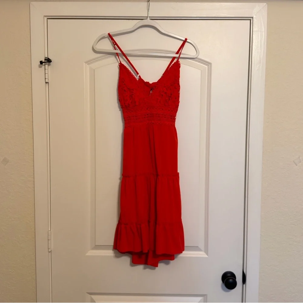 ECOWISH Red Lace V-Neck Skater Dress Spaghetti Strap Small - Picture 3 of 5
